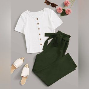 SHEIN Button Front Tee and Paperbag Waist Belted Pants Set